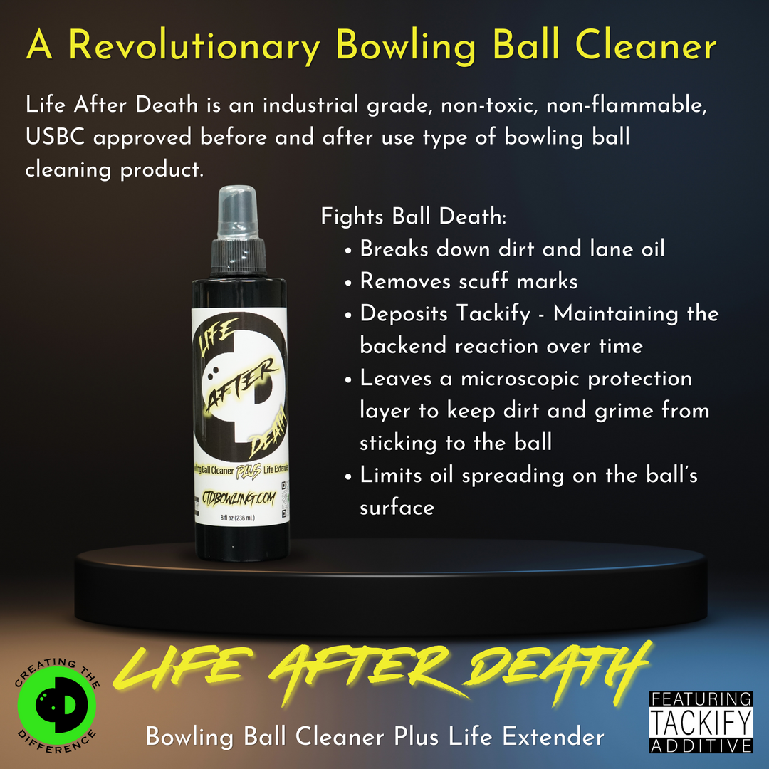 A product image of Life After Death Bowling Ball Cleaner + Life Extender that explains how the product fights ball death.