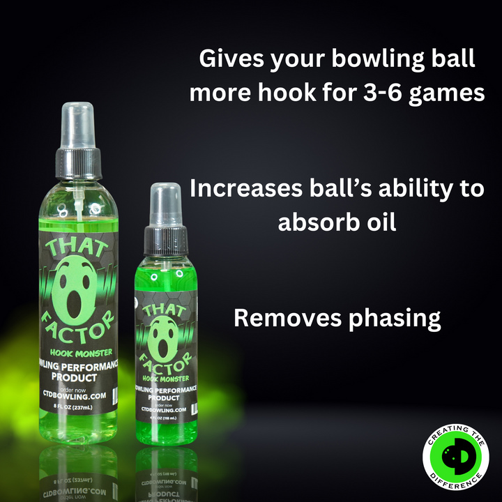 A photo of That Wow Factor Hook Monster which explains that the product gives your bowling ball more hook for 3-6 games, increases the ball's ability to absorb oil, and removes phasing.