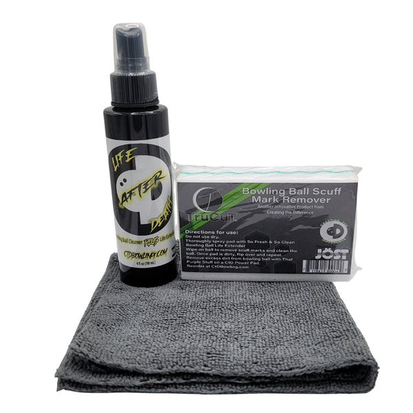 4oz of Life After Death Bowling Ball Cleaner + Life Extender, a microfiber towel, and a TruCut Scuff Mark Remover