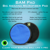 product image for BAM Pad explains that it is meant to wipe away dirt and oil after each shot, has a non-abrasive open-weave microfiber front for cleaning and using your favorite cleaner, rubber inner layer protects the leather backing, and it's the perfect hand size at 7.5"