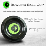 product image of bowling ball cup that explains it's use - high-quality plastic ball cup holds your extra bowling ball, keeps ball in place for easy surface changes, and is lightweight and perfect for travel