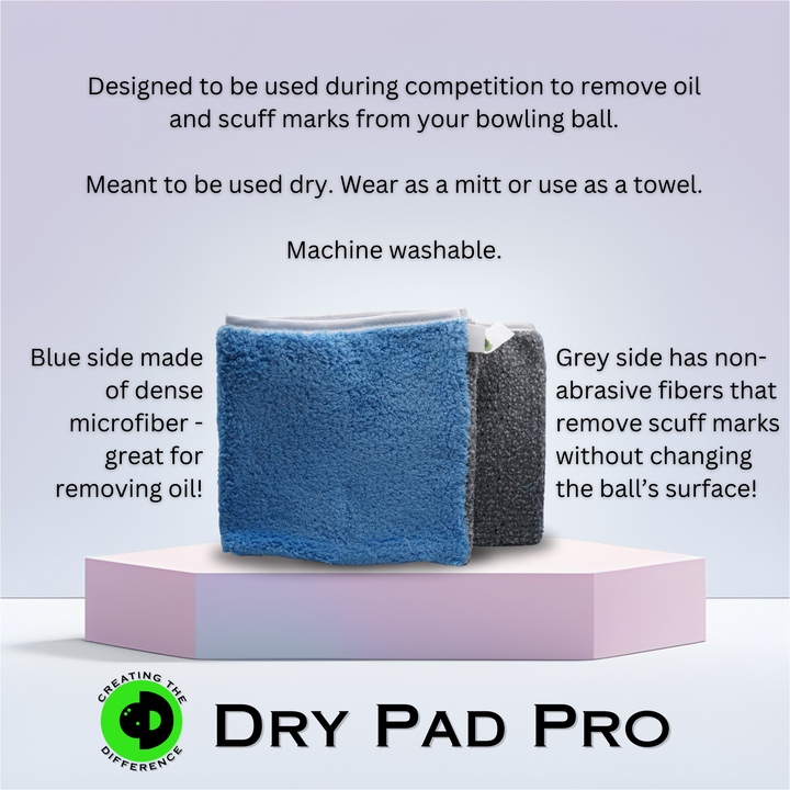 A product image for Dry Pad Pro that explains it is designed to be used during competition to remove oil and scuff marks from a bowling ball. Meant to be used dry and can be worn as a mitt or used as a towel. Machine washable. Blue side of dense microfiber for removing oil, grey side has non-abrasive fibers that remove scuff marks without changing the balls surface. 