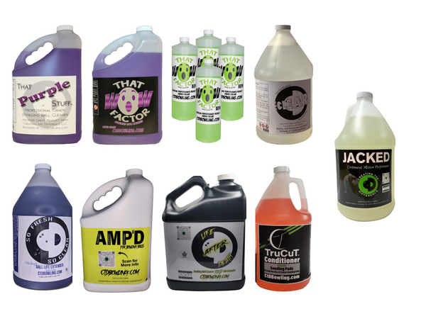 Image shows gallon bottles of That Purple Stuff, That Wow Factor, That WOw Factor Hook Monster, The Clear, So Fresh SO Clean, AMP'D, Life After Death, TruCut Conditioner, and Jacked Continuous Motion Performance