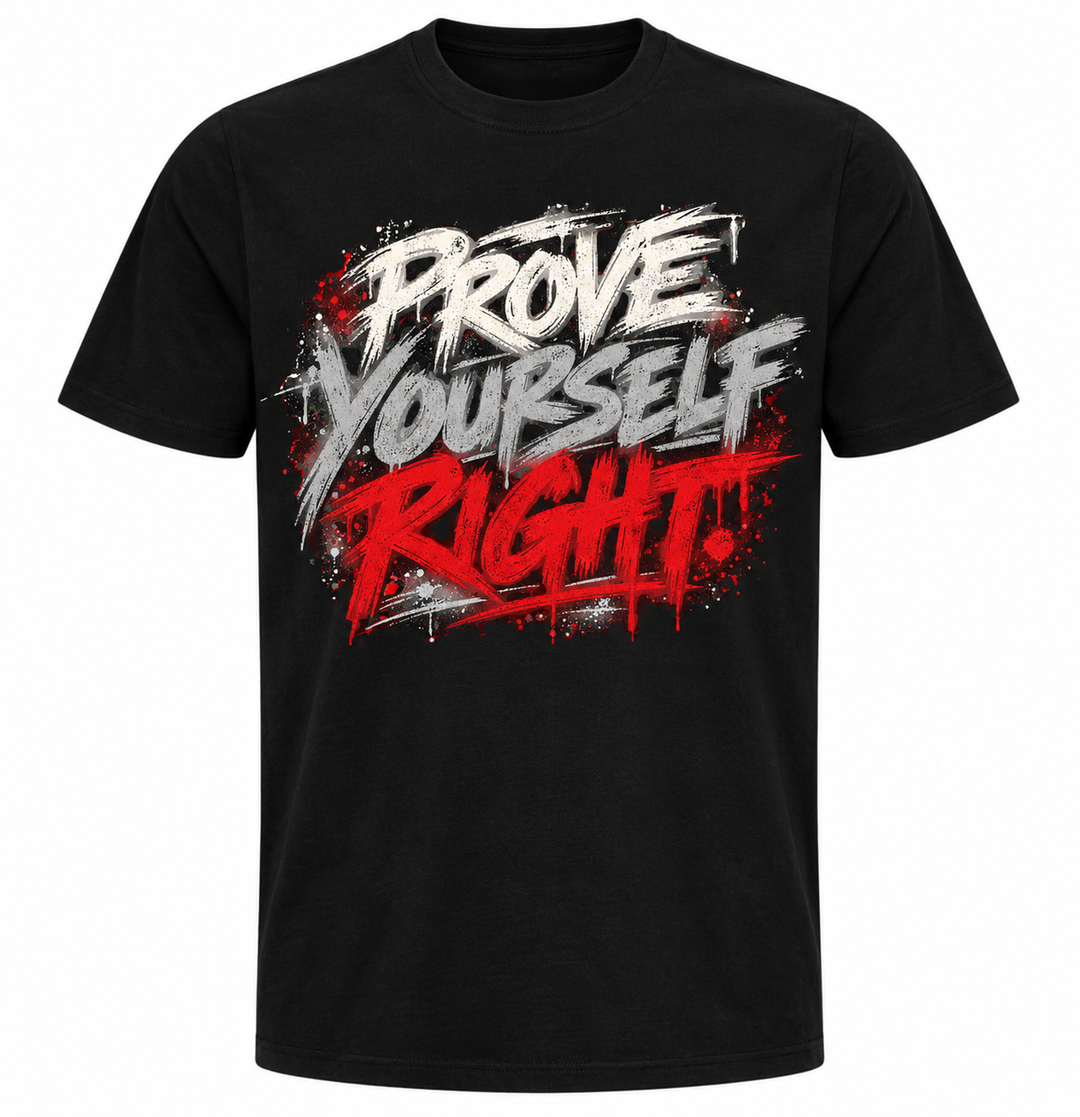 Prove Yourself Right design on the front of a black performance T-shirt