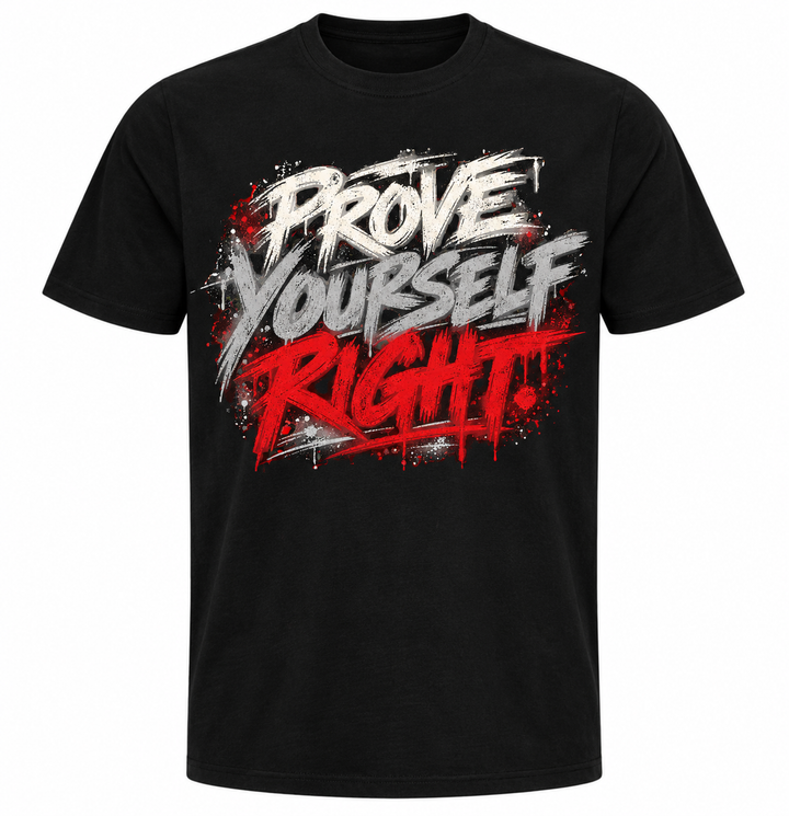 Prove Yourself Right design on the front of a black performance T-shirt