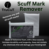 A product image of a TruCut Scuff Mark Remover that explains it is made of melamine foam with a blue wave for increased durability and longevity. It does not contain any chemicals that will damage your bowling ball. 