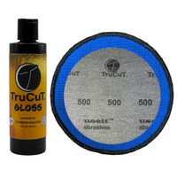 An 8oz bottle of TruCut Gloss and a 500grit Sanding Pad with a Blue BAM Pad