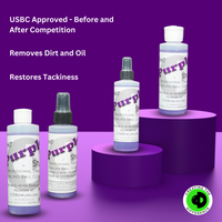 A product image of That Purple Stuff bottles that explains product benefits such as it is USBC approved before and after competition, it removes dirt and oil, and it restores tackiness