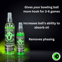 A photo of That Wow Factor Hook Monster which explains that the product gives your bowling ball more hook for 3-6 games, increases the ball's ability to absorb oil, and removes phasing. 