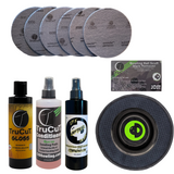 8oz bottles of TruCut Gloss, TruCut Conditioner, and Life After Death ball cleaner with a 5 pack of TruCut Sanding Pads, A TruCut Scuff Mark Remover, a CtD Ball Cup, and a black BAM Pad