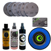 8oz bottles of TruCut Gloss, TruCut Conditioner, and Life After Death ball cleaner with a 5 pack of TruCut Sanding Pads, A TruCut Scuff Mark Remover, a CtD Ball Cup, and a blue BAM Pad