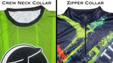 Image shows a crew neck collar and a zipper collar on a CtD jersey for comparison